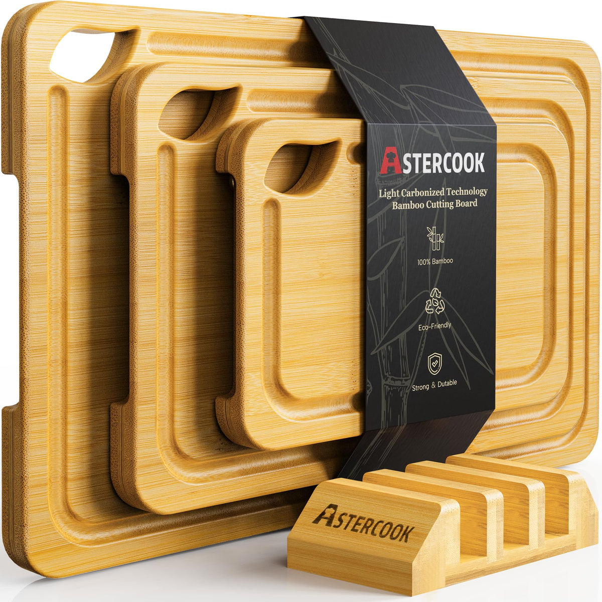 Astercook Deep-Carbonized Bamboo Cutting Boards for Kitchen with Wood Storage Stand, Reversible Charcuterie & Chopping Boards with Juice Grooves and Easy-Grip Handles, Fathers Day Gift for Men