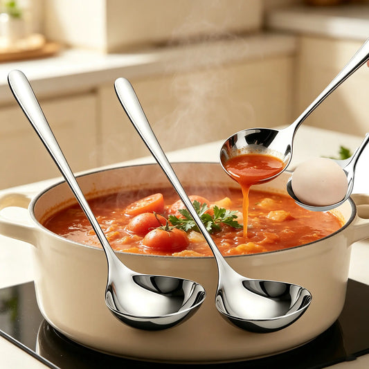 Stainless Steel Soup Ladle, Deep Bowl Long Handle Soup Spoon, No Spill Cooking Serving Spoon for Kitchen