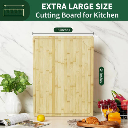 18" x 24" Extra Large Bamboo Cutting Board, Reversible Curved Butcher Block with Deep Juice Groove, Kitchen Chopping Board and Serving Tray for Meat, Cheese, Vegetables, BBQ