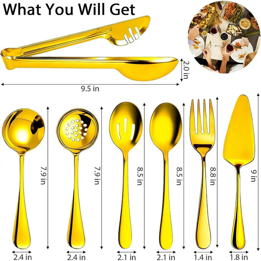11 PCS Gold Large Stainless Steel Serving Utensils Set, Including Spoons, Slotted Spoons, Forks, Tongs, Soup Ladle and Cake Server, Perfect for Buffet, Party, Catering