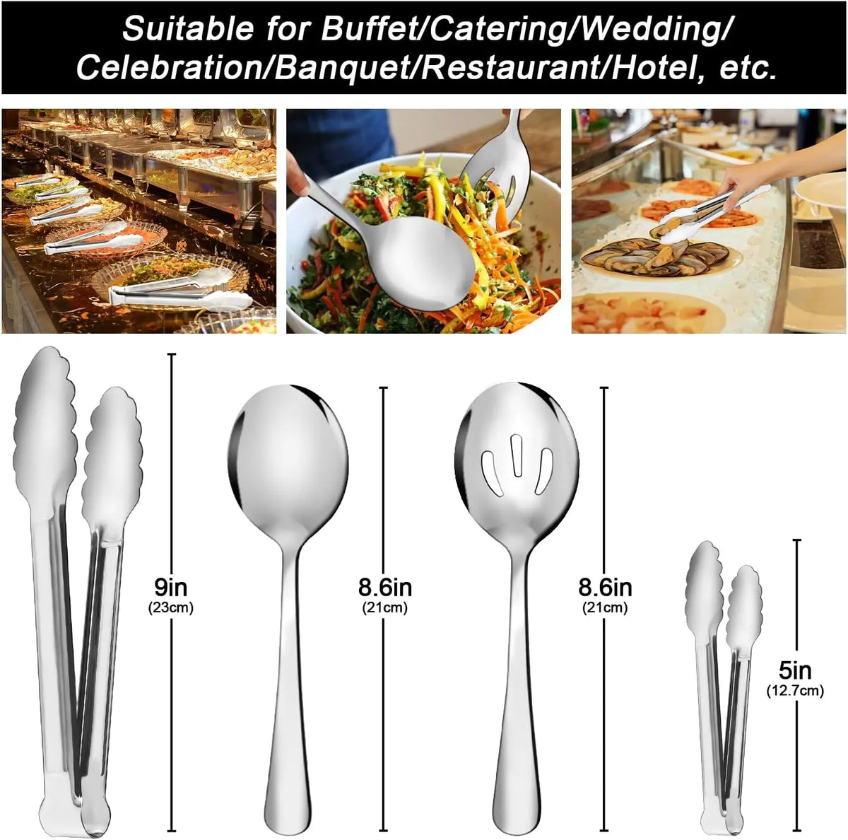 12Pcs Stylish Stainless Steel Metal Cutlery Set with Handles - Serving Spoons, Slotted Spoons, Tongs, Appetizer Tongs - Tableware for Buffet - Home Improvement Kitchenware,sohochic