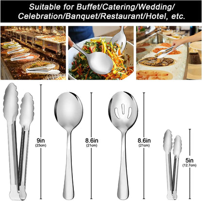 12Pcs Stylish Stainless Steel Metal Cutlery Set with Handles - Serving Spoons, Slotted Spoons, Tongs, Appetizer Tongs - Tableware for Buffet - Home Improvement Kitchenware,sohochic