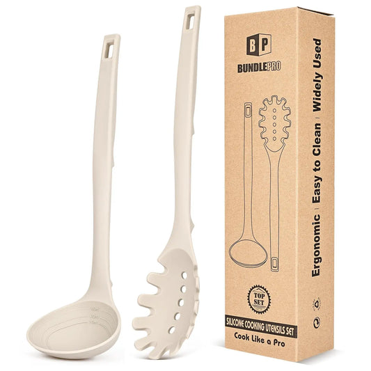 BUNDLEPRO 2-Piece Hanging Silicone Kitchen Utensil Functional Set - 40ml Pasta Fork, Soup Spoon with Measurement Lines, Pot-Safe Soft Head, Heat-Resistant Non-Stick Tools, Back Hooks for Cooking, Serving