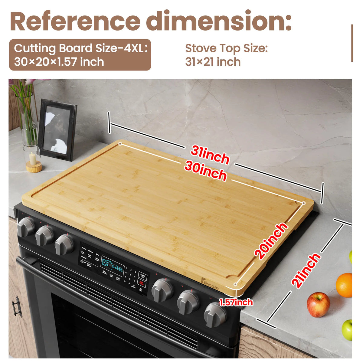 Kikcoin Multi-Size Bamboo Chopping Board (2XL/4XL/5XL Extra Large) - Stovetop Cover, Handle Carry Tray, Juice Groove, Stainresist Wash, Cooking Prep Kitchenware, Knives Friendly, 4XL:30"L*20"W, Vegetable Oil Compatible