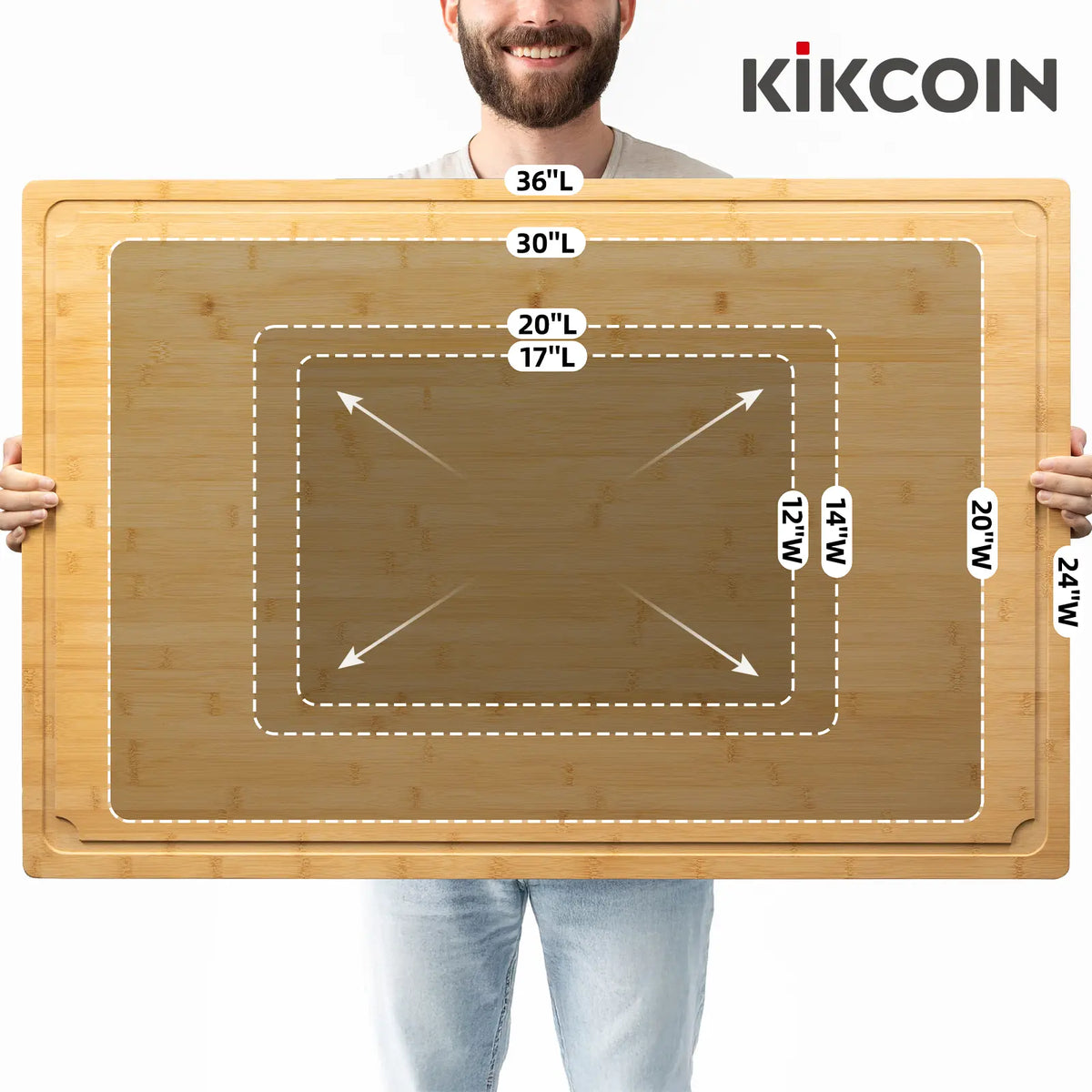 Kikcoin Multi-Size Bamboo Chopping Board (2XL/4XL/5XL Extra Large) - Stovetop Cover, Handle Carry Tray, Juice Groove, Stainresist Wash, Cooking Prep Kitchenware, Knives Friendly, 4XL:30"L*20"W, Vegetable Oil Compatible