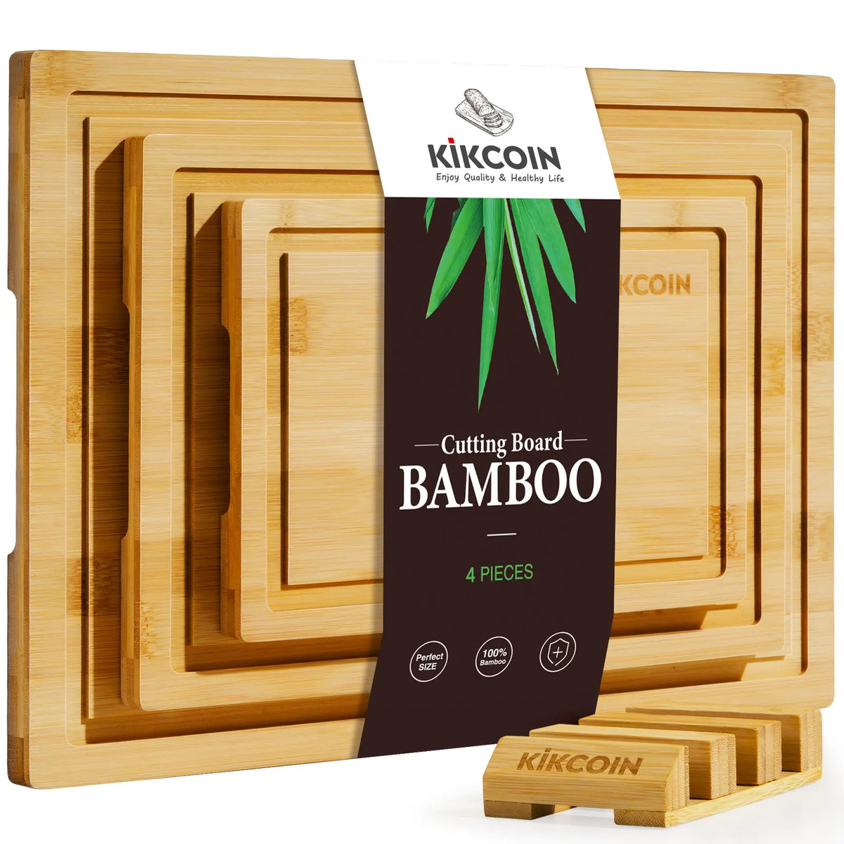 Kikcoin 4-Piece Extra Large Bamboo Wooden Chopping Boards with Storage Stand - Kitchenware Household Items, Juice Grooves, Knife-Friendly, Invisible Handles, Multifunctional, Non-Slip, Durable Reusable Chopping Board, Ideal Gift for Family, Mother's Day