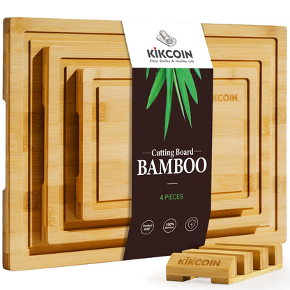 Kikcoin 4-Piece Extra Large Bamboo Wooden Chopping Boards with Storage Stand - Kitchenware Household Items, Juice Grooves, Knife-Friendly, Invisible Handles, Multifunctional, Non-Slip, Durable Reusable Chopping Board, Ideal Gift for Family, Mother's Day