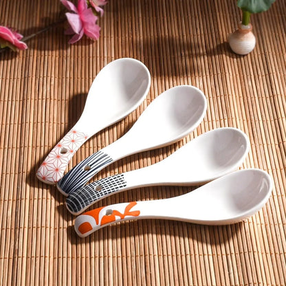 Japanese Ceramic Soup Spoon Set of 4, 5.66‘’ Retro Geometric Spoons | Cute Asian Porcelain Spoons for Soup, Pho, Miso or Rice. Durable Kitchen Tableware, Dishwasher safe