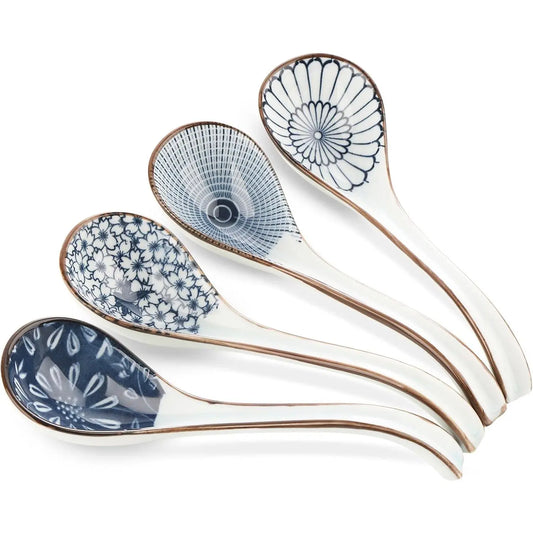 Soup Spoon, Ceramic Ramen Spoon, Ramen Soup Spoon, Chinese Ceramic Spoons, Miso Soup Spoons Dumpling - Set of 4 Blue and White