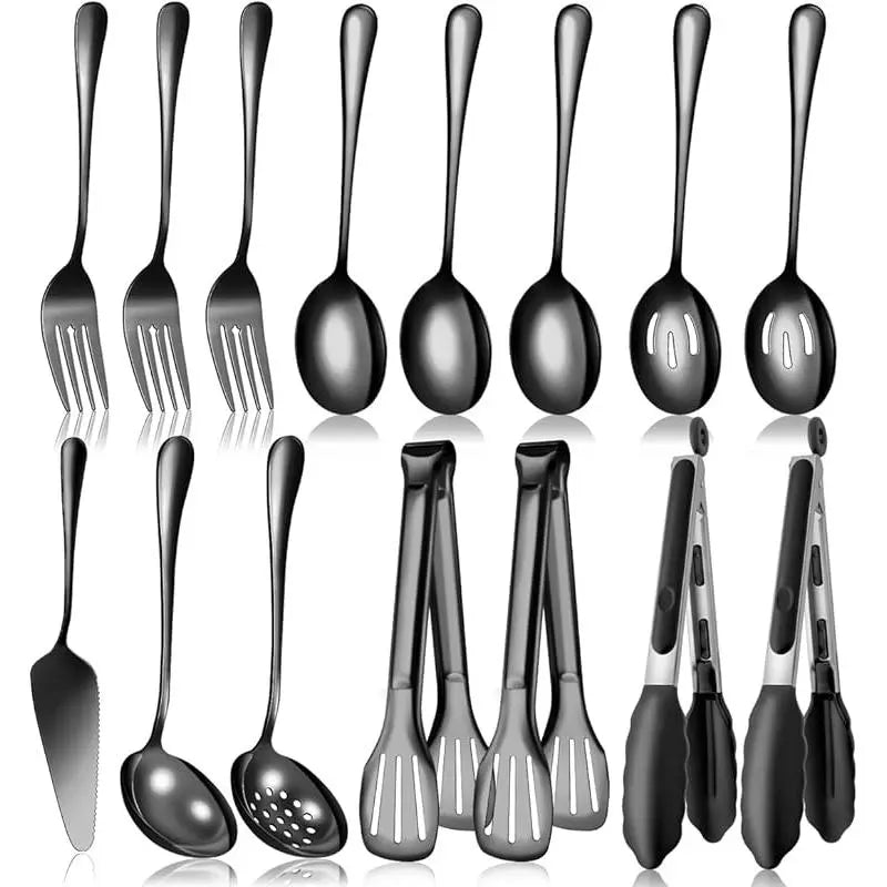 Serving Utensils Set for Partie, Silver Stainless Steel Metal Serveware Large Serving Spoons, Slotted Spoons, Forks, Tongs, Soup and Skimmer Spoon, Cake Server for Buffet, Catering, Entertaining 15pcs, Cutlery, Tableware