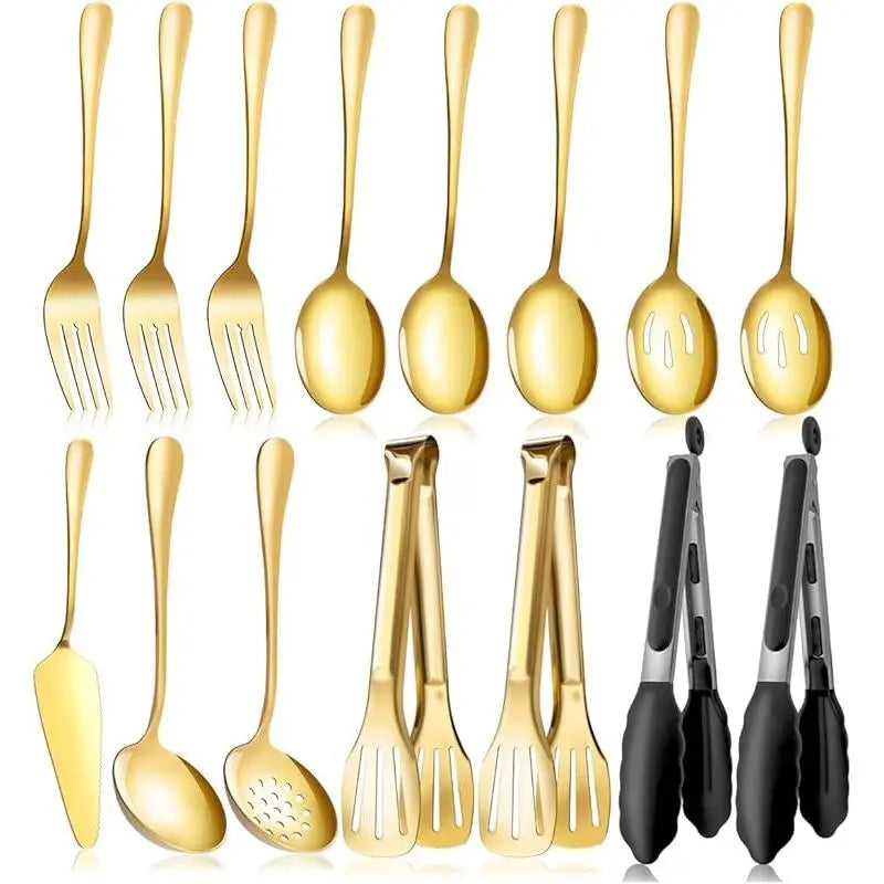 Serving Utensils Set for Partie, Silver Stainless Steel Metal Serveware Large Serving Spoons, Slotted Spoons, Forks, Tongs, Soup and Skimmer Spoon, Cake Server for Buffet, Catering, Entertaining 15pcs, Cutlery, Tableware