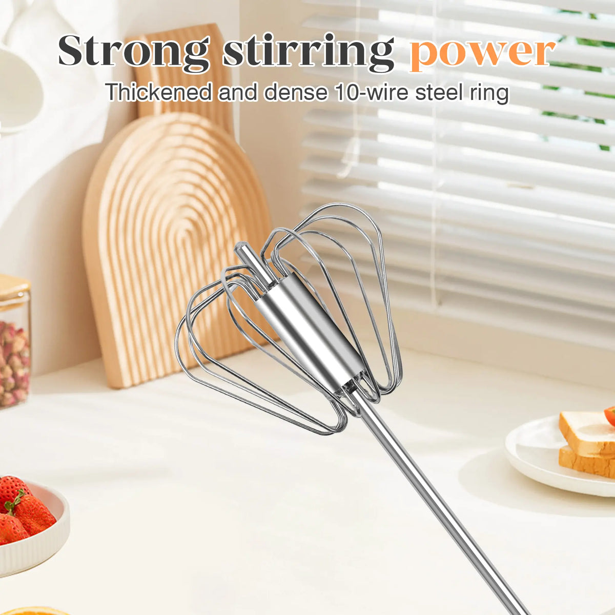 AA Stainless Steel Hand-Push Spinning Wire Whisk - Food-Grade Rust-Resistant Kitchen Cooking Accessory, Sturdy Riveted Construction, Semi-Automatic Design for Stirring Coffee, Egg Tasks, Easy to Clean