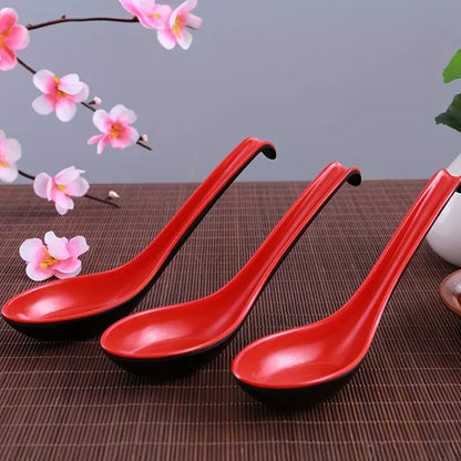 5pcs Soup Spoons Asian Soup Spoon Japanese Style Rice Spoons Melamine Spoon Sauces Soup Spoon Porridge Spoon Ramen Pho Wonton Dumpling Red And Black Spoons For Restaurant Supplies, Dinnerware Utensils, Plastic Spoons, Soup Spoon Set