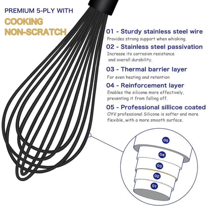 Dishwasher Safe Silicone Whisk, Sealed Waterproof Design Set of 3, Professional Kitchen Whisks for Cooking Non-Scratch, Silicone & Stainless Steel Whisk, Heat Resistant Balloon Egg Beater, Black