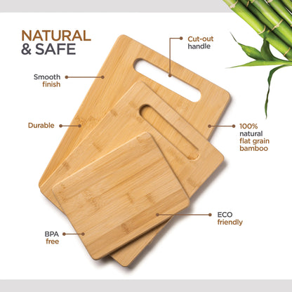 Bambüsi 3-Piece Bamboo Cutting Board Set – Wooden Chopping Boards with Built-In Hand Grips, Durable & Knife-Safe Kitchen Prep & Serving Board, Eco Friendly, Reversible, Knife Friendly, Scratch & Chip Resistant, Lightweight, Non-Toxic, BPA-Free