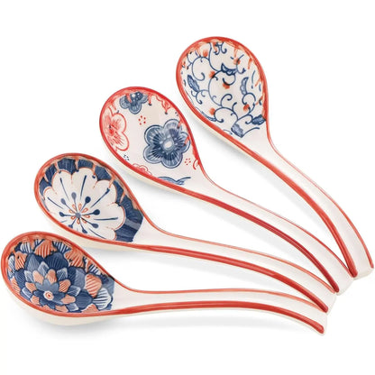 Soup Spoon, Ceramic Ramen Spoon, Ramen Soup Spoon, Chinese Ceramic Spoons, Miso Soup Spoons Dumpling - Set of 4 Blue and White