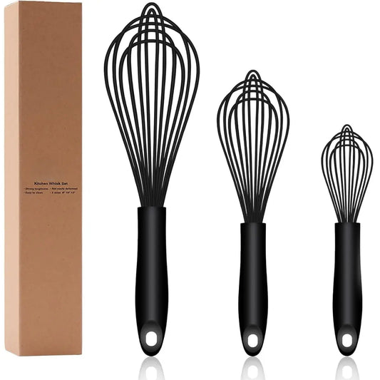 Dishwasher Safe Silicone Whisk, Sealed Waterproof Design Set of 3, Professional Kitchen Whisks for Cooking Non-Scratch, Silicone & Stainless Steel Whisk, Heat Resistant Balloon Egg Beater, Black