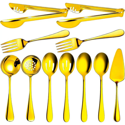 11 PCS Gold Large Stainless Steel Serving Utensils Set, Including Spoons, Slotted Spoons, Forks, Tongs, Soup Ladle and Cake Server, Perfect for Buffet, Party, Catering