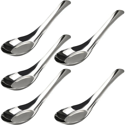 5 count 6" Stainless Steel Soup Spoons, Mirror Polished Long Handle Ramen Spoons for Bouillon Dessert Cereal Wonton Thai Miso Udon