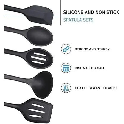Silicone Kitchen Utensils Set, 5 count Heat Resistant Non Stick Cooking Tools, Silicone Spatula/Turner/Serving Spoon/Soup Ladle/Slotted Spoon, for Home and Camping