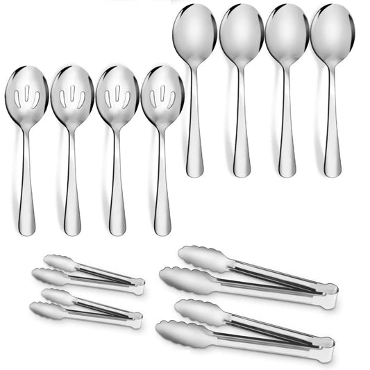 12Pcs Stylish Stainless Steel Metal Cutlery Set with Handles - Serving Spoons, Slotted Spoons, Tongs, Appetizer Tongs - Tableware for Buffet - Home Improvement Kitchenware,sohochic