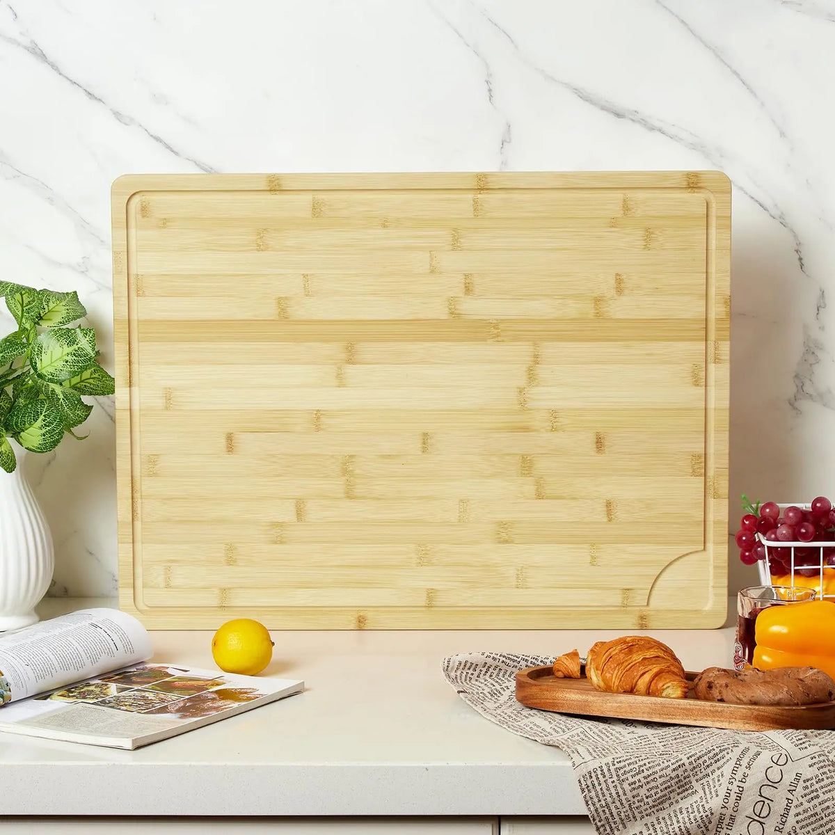 18" x 24" Extra Large Bamboo Cutting Board, Reversible Curved Butcher Block with Deep Juice Groove, Kitchen Chopping Board and Serving Tray for Meat, Cheese, Vegetables, BBQ