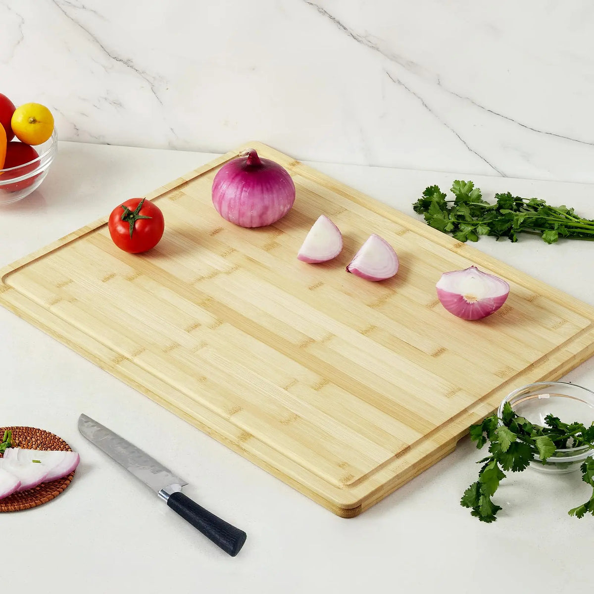 18" x 24" Extra Large Bamboo Cutting Board, Reversible Curved Butcher Block with Deep Juice Groove, Kitchen Chopping Board and Serving Tray for Meat, Cheese, Vegetables, BBQ