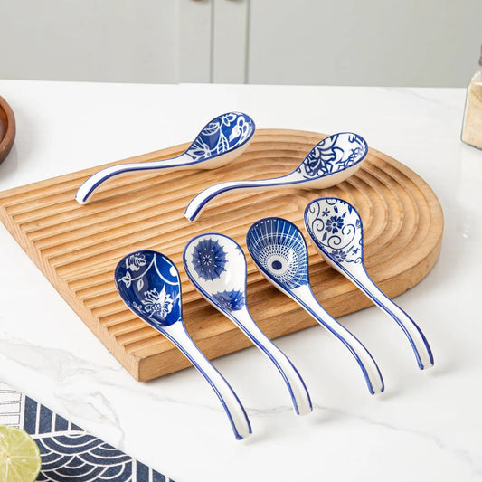 6.3 Inch Ceramic  Soup Spoon Set of 6 | Chinese Soup Spoons  Ramen Spoons for Pho Dumplings Wonton Miso Cereal Stews Noodles -  Blue