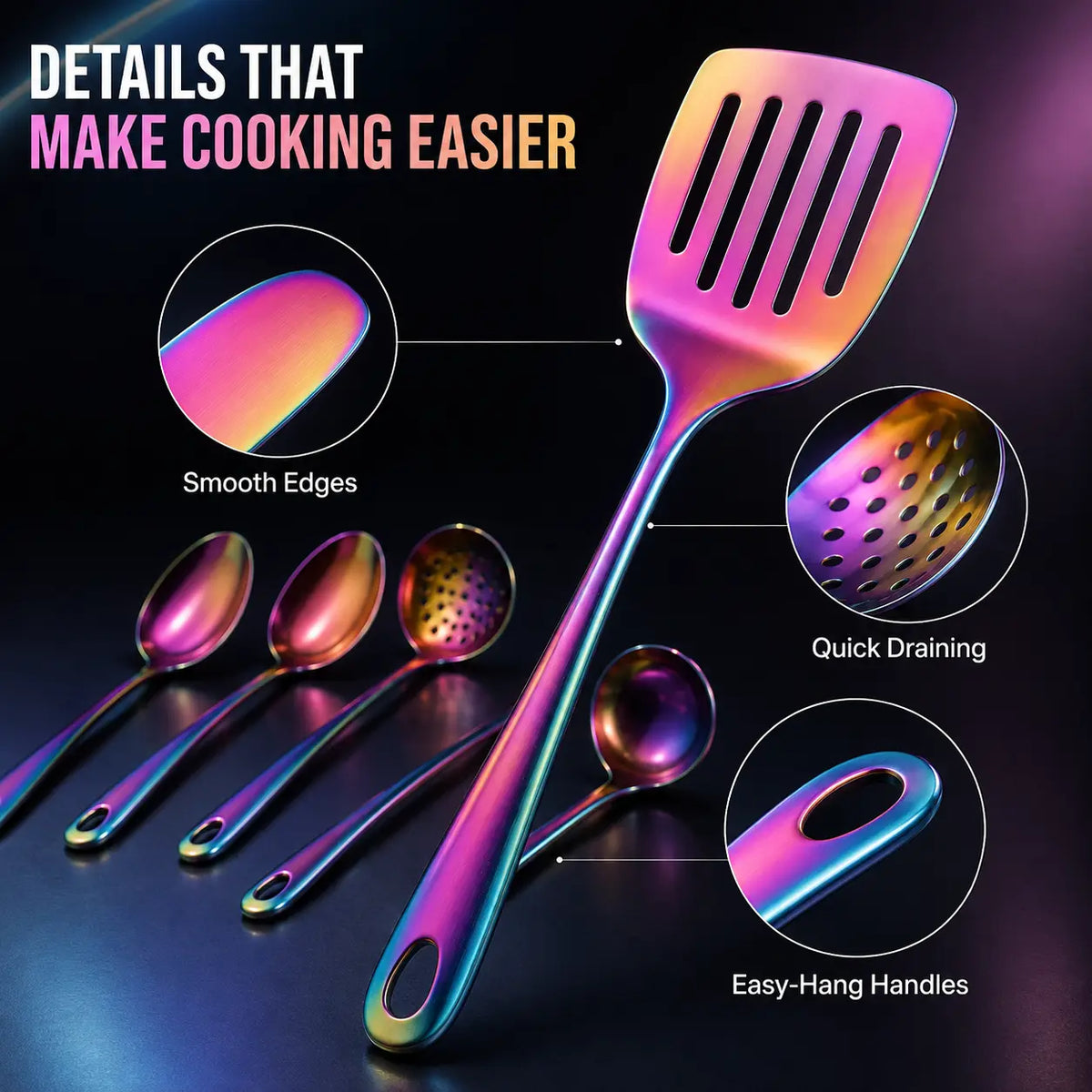 6-Pieces Korean-Style Gold-Plated Stainless Steel Kitchen Utensil Set - Thick Kitchen Tools with Slotted Tips, Spatula, Slotted Spoon, Soup Ladle, Food Tongs for Home Cooking