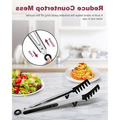 2-Piece Silicone Spaghetti Spoon and Pasta Tong Set, Heat-Resistant Non-Stick Noodle Server with Teeth, 13" BPA-Free Strainer Fork, Stainless Steel Handle for Pasta Cooking, BlackGift