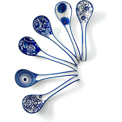 6.3 Inch Ceramic  Soup Spoon Set of 6 | Chinese Soup Spoons  Ramen Spoons for Pho Dumplings Wonton Miso Cereal Stews Noodles -  Blue