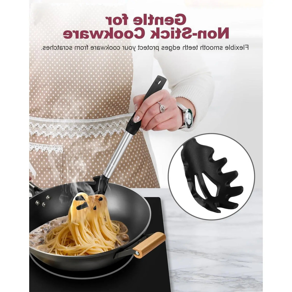 2-Piece Silicone Spaghetti Spoon and Pasta Tong Set, Heat-Resistant Non-Stick Noodle Server with Teeth, 13" BPA-Free Strainer Fork, Stainless Steel Handle for Pasta Cooking, BlackGift