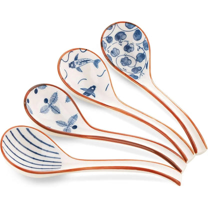 Soup Spoon, Ceramic Ramen Spoon, Ramen Soup Spoon, Chinese Ceramic Spoons, Miso Soup Spoons Dumpling - Set of 4 Blue and White