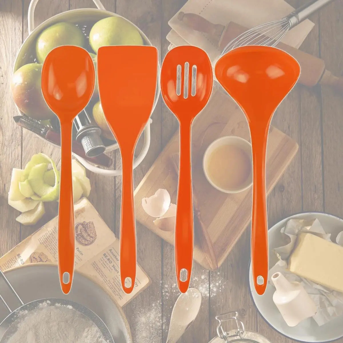 Reston Lloyd 212 MAIN 4-Piece Plastic Kitchen Utensil Set - 11.5 Inches Long Orange Slotted Spoon, Soup Ladle, Turner, Spatula with Long Handles for Home Cooking (Piece Set Spatulas & Turners)