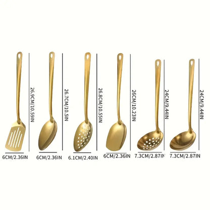 6-Pieces Korean-Style Gold-Plated Stainless Steel Kitchen Utensil Set - Thick Kitchen Tools with Slotted Tips, Spatula, Slotted Spoon, Soup Ladle, Food Tongs for Home Cooking