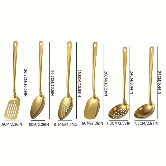 6-Pieces Korean-Style Gold-Plated Stainless Steel Kitchen Utensil Set - Thick Kitchen Tools with Slotted Tips, Spatula, Slotted Spoon, Soup Ladle, Food Tongs for Home Cooking