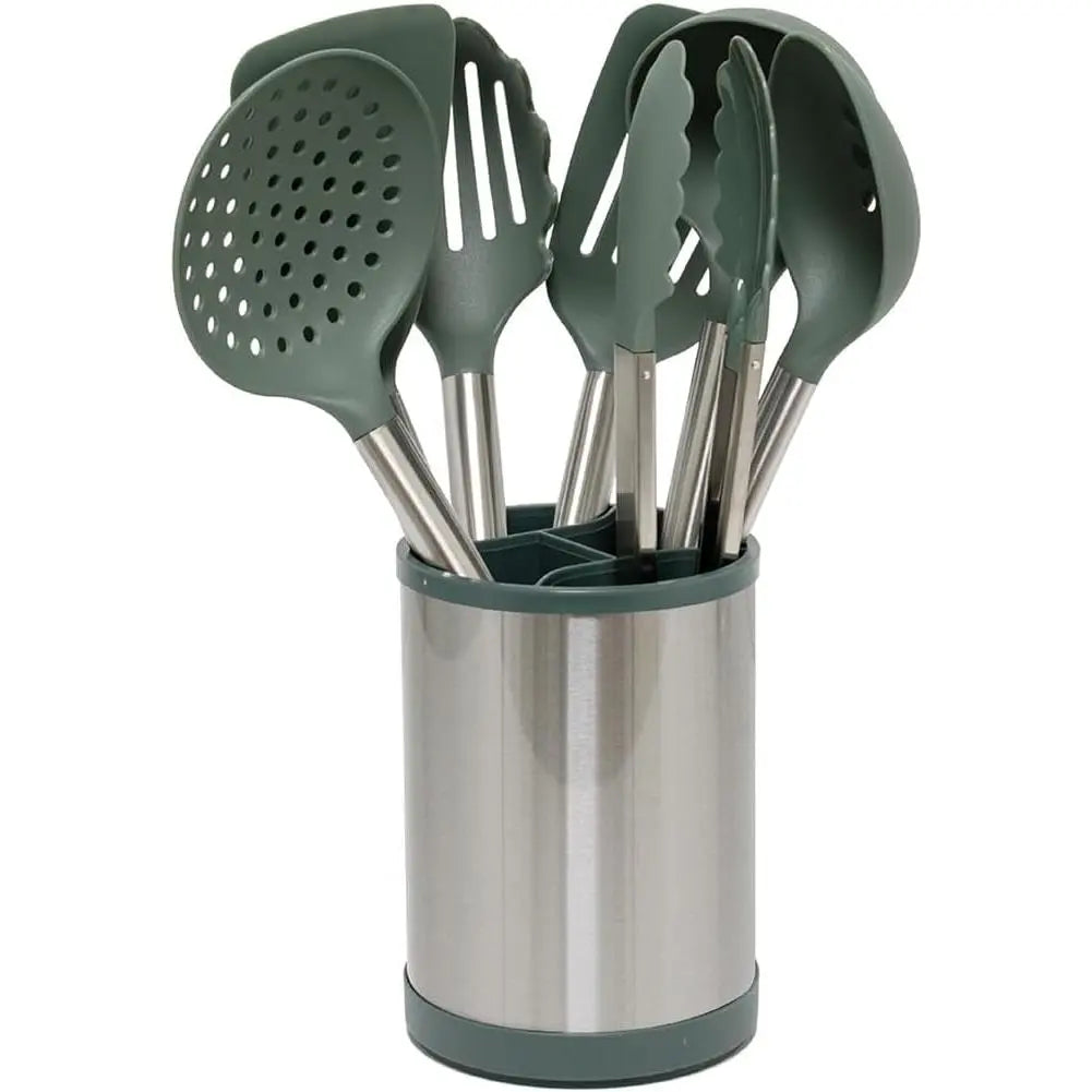 8-Piece Nonstick Cooking Utensil Set with Stainless Steel Handles - Rotating Holder, Soup Ladle, Turner, Tongs, Spoon, Skimmer, Dishwasher Safe Green Tools for Indoor Recreation Use, 8-Piece Set