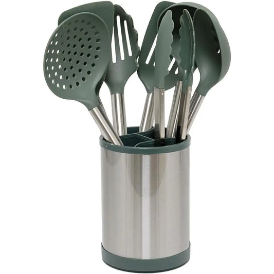 8-Piece Nonstick Cooking Utensil Set with Stainless Steel Handles - Rotating Holder, Soup Ladle, Turner, Tongs, Spoon, Skimmer, Dishwasher Safe Green Tools for Indoor Recreation Use, 8-Piece Set