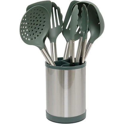 8-Piece Nonstick Cooking Utensil Set with Stainless Steel Handles - Rotating Holder, Soup Ladle, Turner, Tongs, Spoon, Skimmer, Dishwasher Safe Green Tools for Indoor Recreation Use, 8-Piece Set