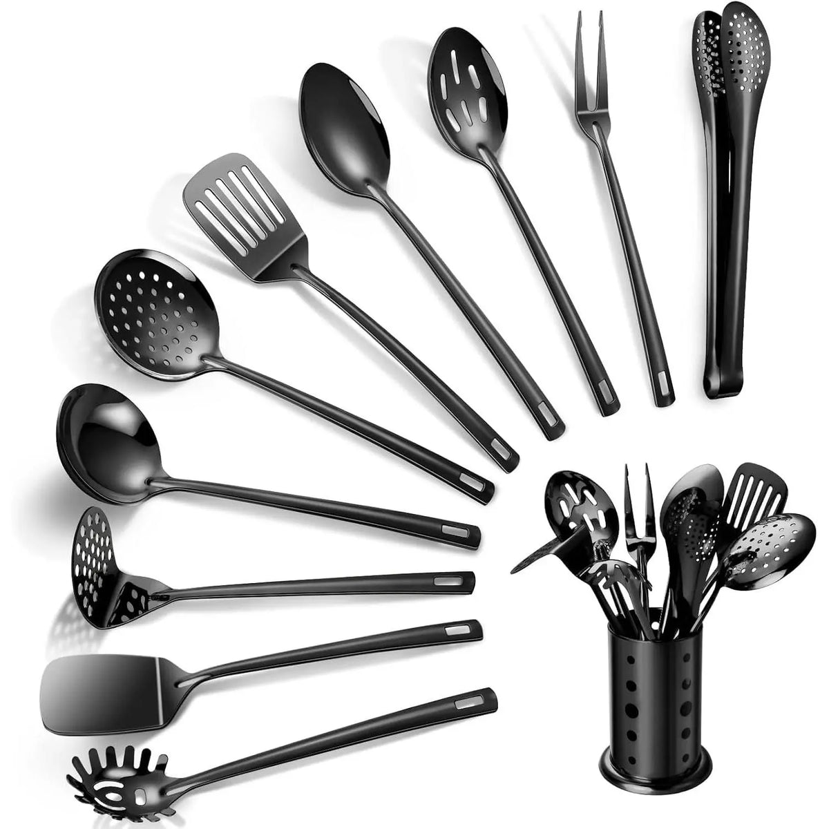 Kitchen Utensils Set, 11pcs Stainless Steel Cooking Utensils with Holder – Turners, Potato Masher, Spatula, Spoons, Pasta Server, Tongs, Soup Ladle, Serving SpoonGift