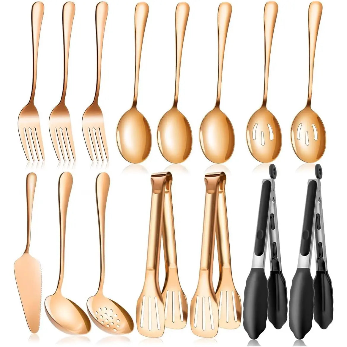 Serving Utensils Set for Partie,  Stainless Steel Metal Serveware Large Serving Spoons, Slotted Spoons, Forks, Tongs, Soup and Skimmer Spoon, Cake Server for Buffet, Catering, Entertaining 15 count