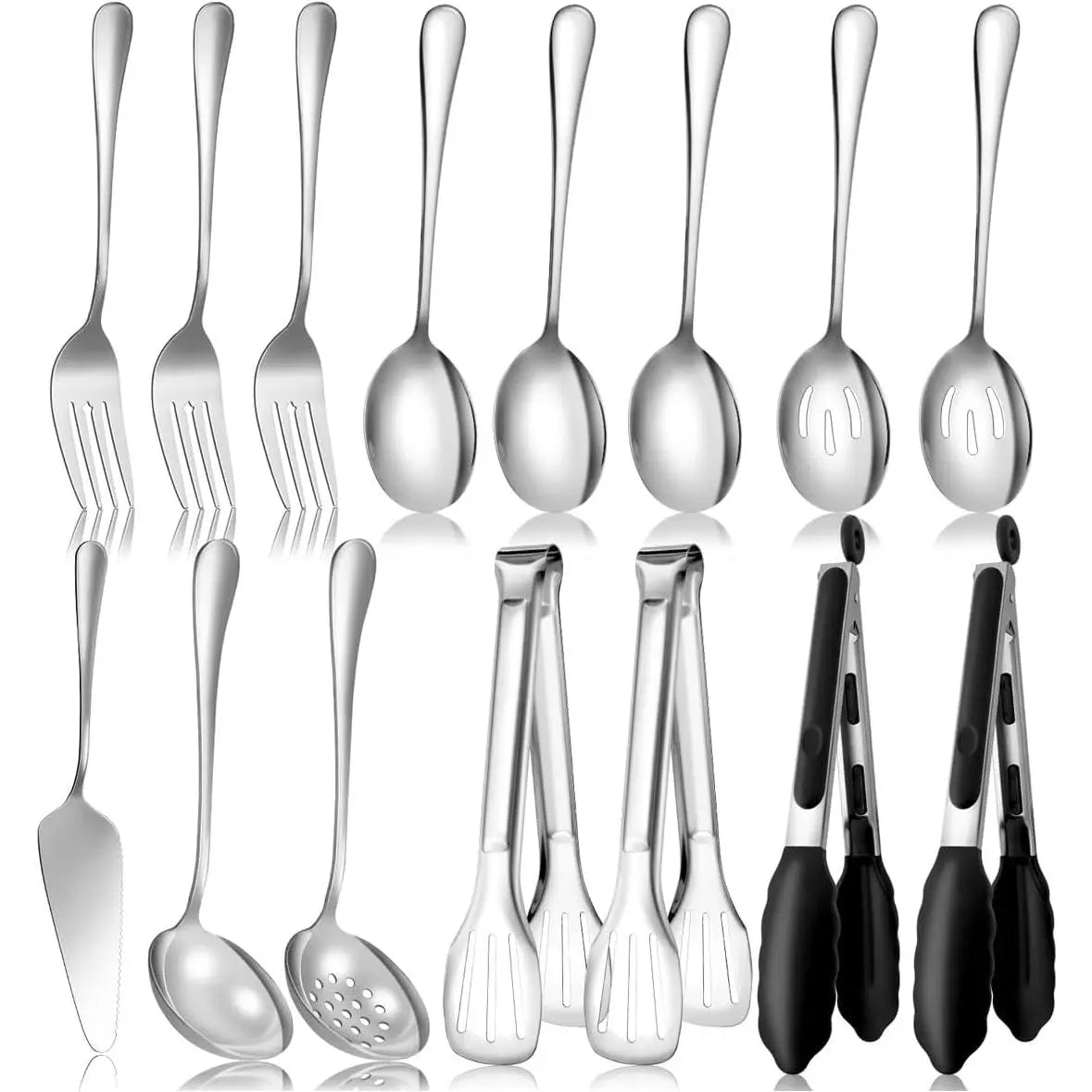 Serving Utensils Set for Partie,  Stainless Steel Metal Serveware Large Serving Spoons, Slotted Spoons, Forks, Tongs, Soup and Skimmer Spoon, Cake Server for Buffet, Catering, Entertaining 15 count