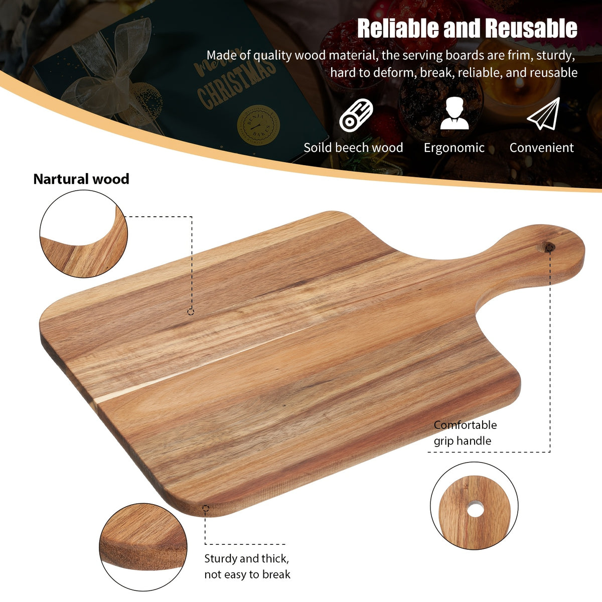 6pcs Cutting Board Bulk Kitchen Thicken Chopping Board with Handles Wooden Charcuterie Serving Board Blank Wood Boards for Engraving Wedding Housewarming (16 x 10 Inch Acacia Wood)