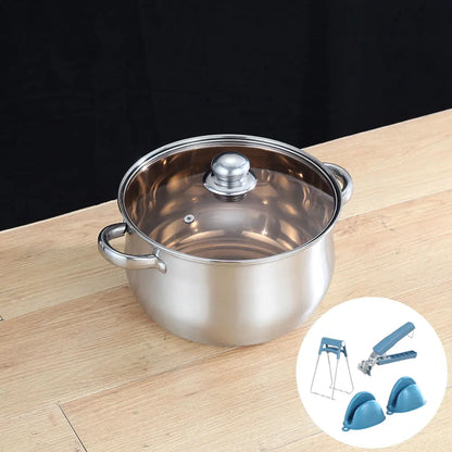 5-Piece Soup Pot Set, Stainless Steel Dual Handle, Includes Ladle, Tongs, Spoon Holder, Ideal for Ramen, Hotpot, Seafood, Dishwasher Safe, Stock Pot Set
