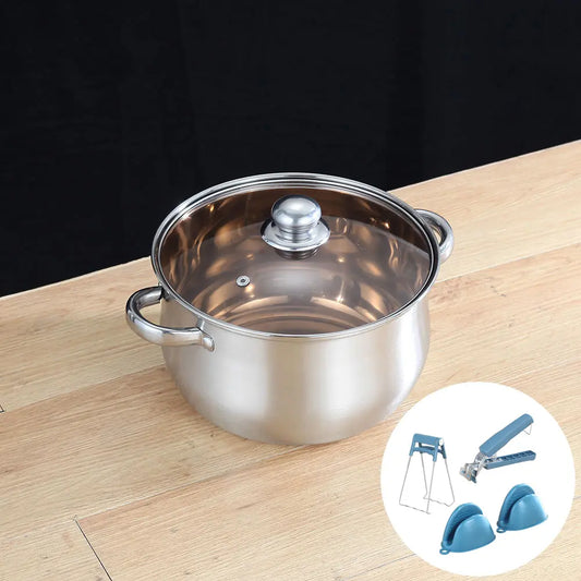 5-Piece Soup Pot Set, Stainless Steel Dual Handle, Includes Ladle, Tongs, Spoon Holder, Ideal for Ramen, Hotpot, Seafood, Dishwasher Safe, Stock Pot Set