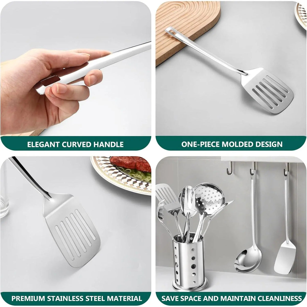 Utensils Set, 11pcs Stainless Set with Holder – Includes Turners, Masher, Spatula,, Pasta Server, Tongs, Soup Ladle, Serving Spoon