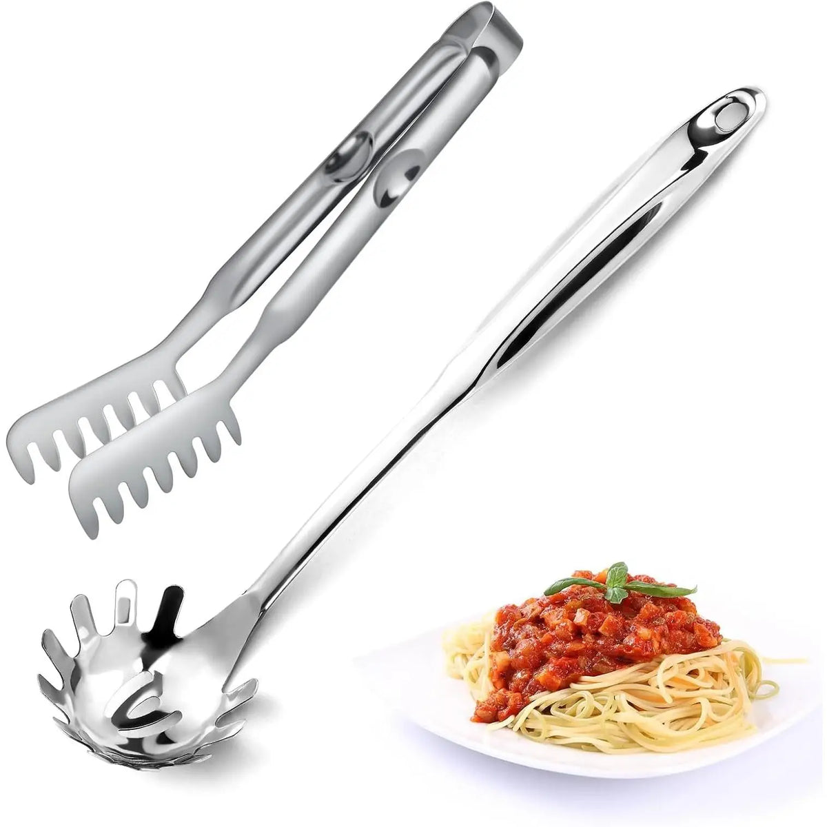 Spaghetti Spoon and Spaghetti Tong 2- Set, 13-Inch Non-Stick Spaghetti Fork and 11.4-Inch Kitchen Tong, Easy Storage and Cleanup,  Design, Stainless Steel