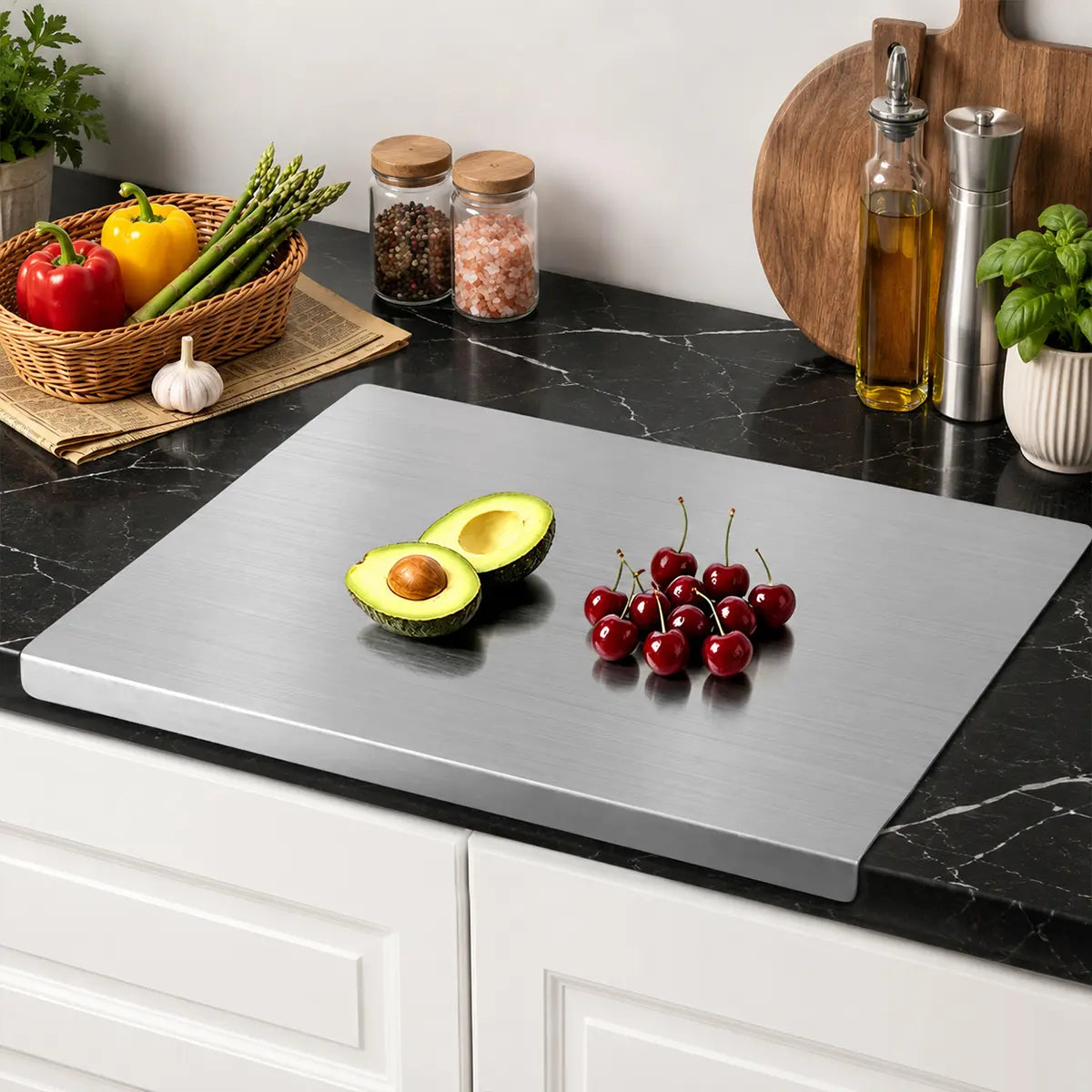 Rectangular Stainless Steel Chopping Board - Non-Slip Pad, Countertop Over-Hanging Design, Multi-Purpose for Dough, Meat
