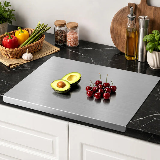 Rectangular Stainless Steel Chopping Board - Non-Slip Pad, Countertop Over-Hanging Design, Multi-Purpose for Dough, Meat